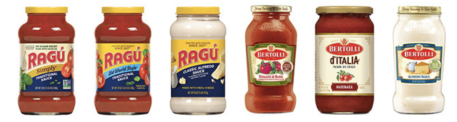 Photo of a variety of pasta sauces in a line