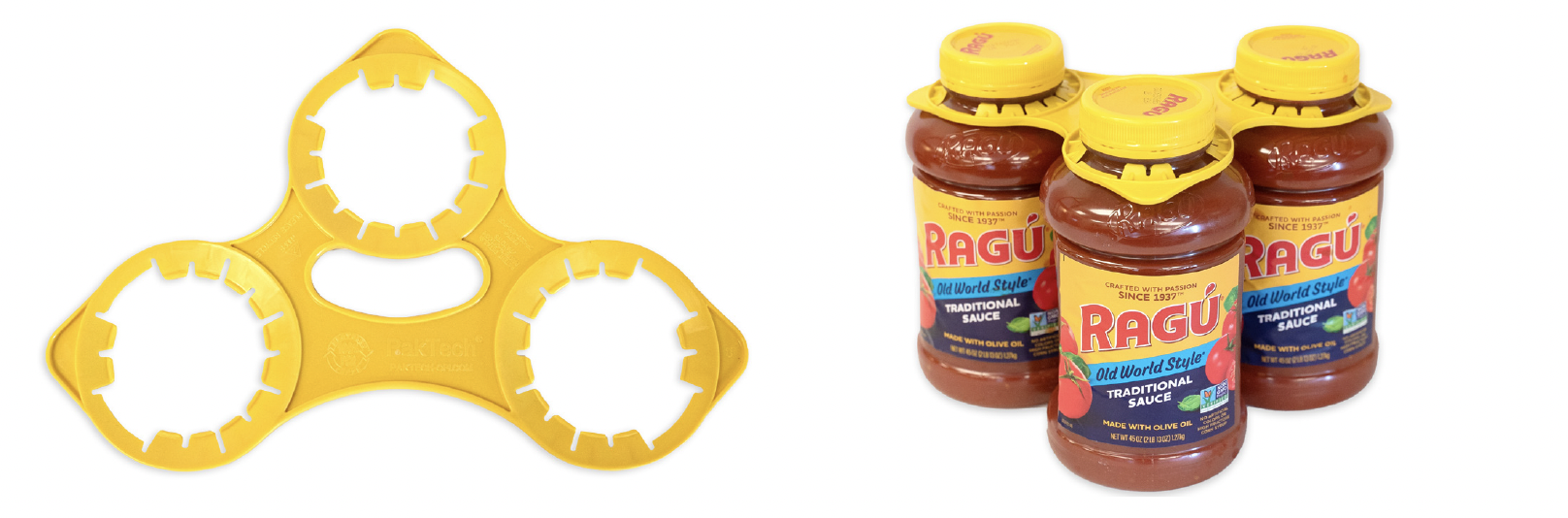 Photo of a three pack handle next to three jars of Ragu pasta sauce held together by a three pack PakTech handle